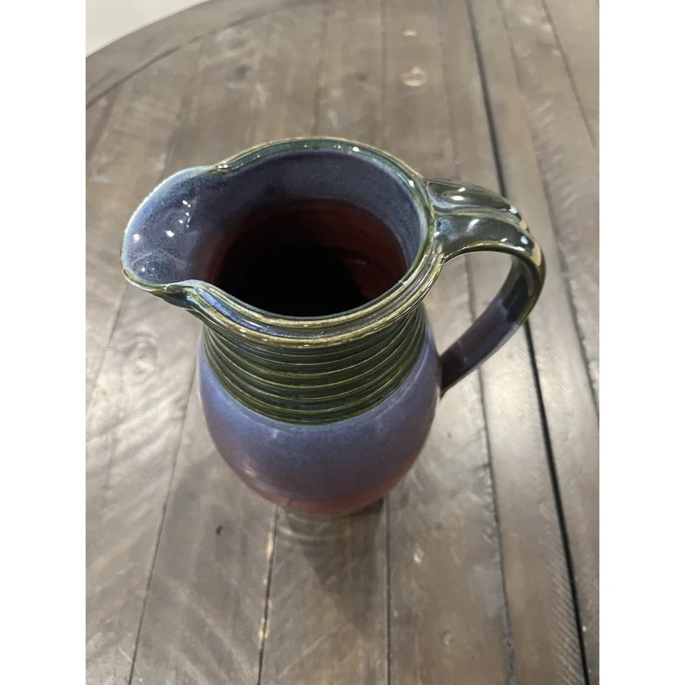 Vtg Pam Snyder Art Pottery Pitcher‎ Green Purple Maroon 9